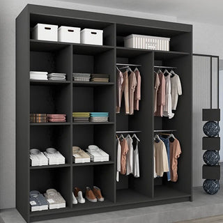 The BARTHOLOMEW 2 Door Mirrored Wardrobe in sleek black (203cm) features shelves for folded clothes, shoes, and boxes, plus hanging sections to neatly organize shirts, jackets, and trousers on hangers.