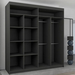 The BARTHOLOMEW 2 Door Mirrored Black Sliding Wardrobe (203cm) features multiple shelves on the left and two hanging sections with horizontal rods on the right. Four spherical decorative pieces hang vertically nearby.