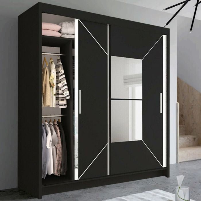 CHOICEWARDROBE BARTHOLOMEW 203 cm black sliding door wardrobe with mirrored panels and open interior.