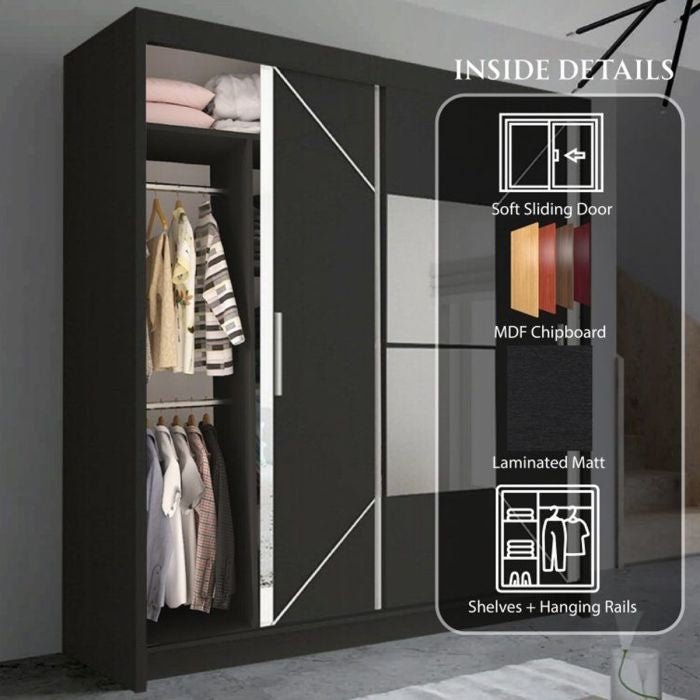 Black 2-door sliding wardrobe with mirrored front panels, internal shelves and hanging rails.