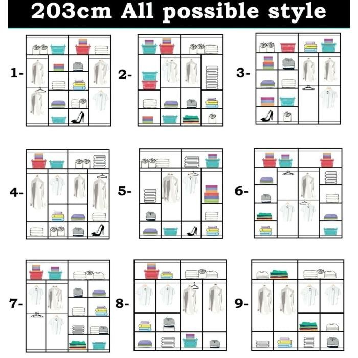 CHOICEWARDROBE BARTHOLOMEW 203cm sliding mirrored door wardrobe: 9 internal organisation styles diagram.