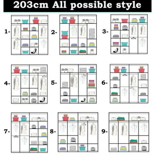 Visual displaying nine closet organization layouts in the BARTHOLOMEW 2 Door Mirrored Sliding Wardrobe Black 203cm, with hanging space, shelves, boxes, and shoe storage. The title: "203cm All Possible Style"—ideal inspiration for your wardrobe setup.