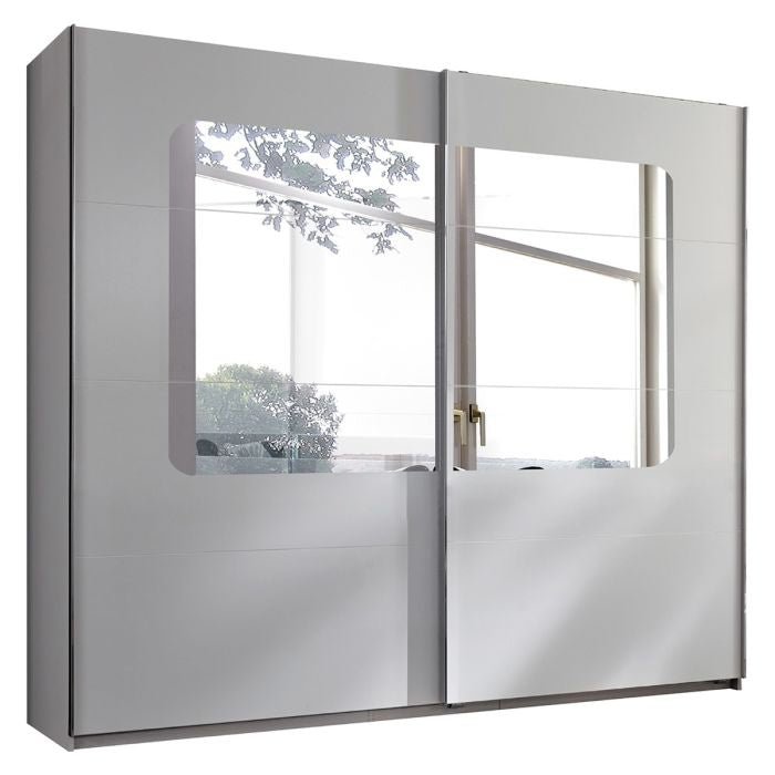 CHOICEWARDROBE Berten 225cm 2 door sliding wardrobe, white with mirrored doors and reflective panels.