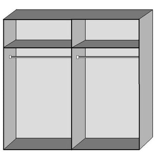 The BERTEN 2 Door Mirrored Wardrobe in white (225cm) is a modern rectangular sliding wardrobe featuring two sections, each with a shelf and hanging rod. Its sleek design includes mirrored sliding doors for a contemporary bedroom look.