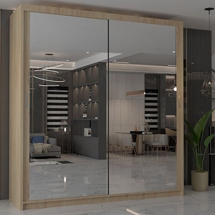 Oak finish 2-door sliding wardrobe with mirrored doors
