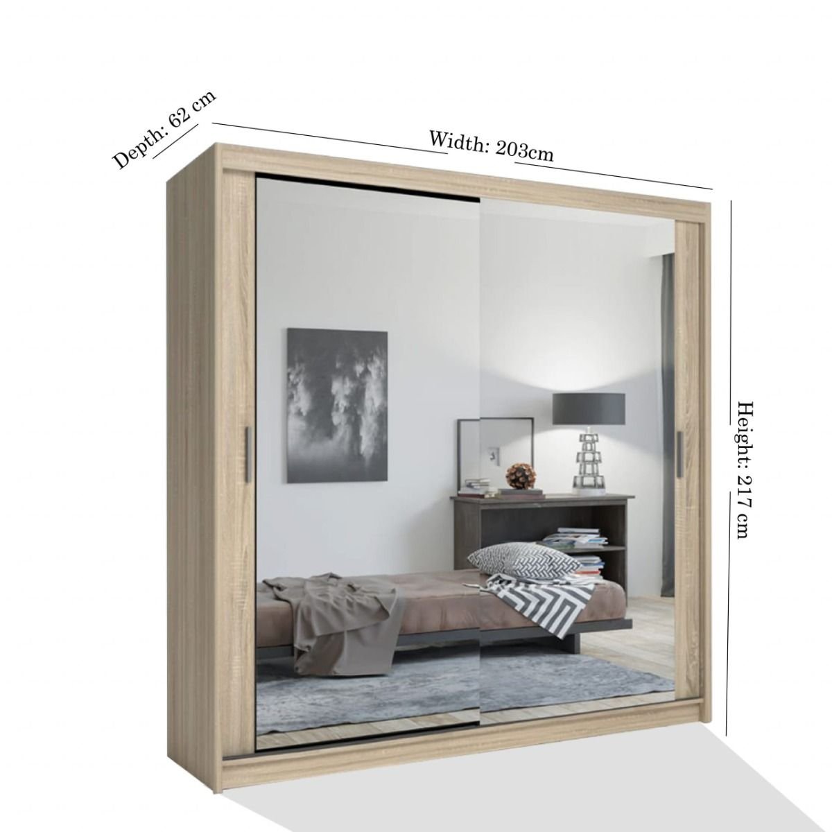 CHICAGO II oak sliding door wardrobe with mirrored doors (203cm W x 217cm H x 62cm D)