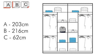 The CHICAGO II 2 Door Mirrored Wardrobe Oak (203cm) features shelves, hanging spaces, and folded clothes next to three labeled bedroom storage boxes: A - 203 cm, B - 216 cm, C - 62 cm.