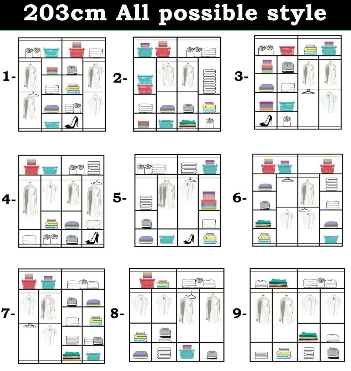 A 3x3 grid displays nine ways to organize the Sliding Wardrobe - CHICAGO II 2 Door Mirrored Wardrobe Oak - 203cm, showing different placements for hanging clothes, folded items, shoes, boxes, and bags—ideal for maximizing your bedroom storage.