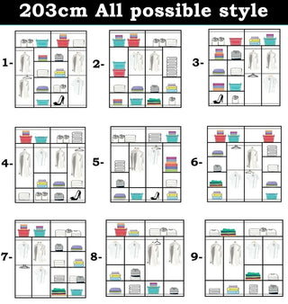A 3x3 grid displays nine ways to organize the Sliding Wardrobe - CHICAGO II 2 Door Mirrored Wardrobe Oak - 203cm, showing different placements for hanging clothes, folded items, shoes, boxes, and bags—ideal for maximizing your bedroom storage.