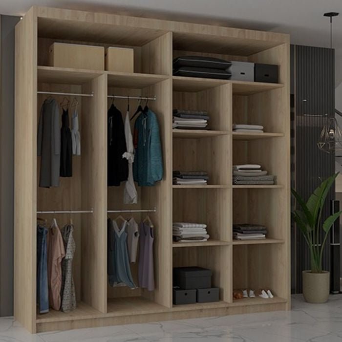 CHOICEWARDROBE CHICAGO II 203cm oak wardrobe with mirrored sliding doors and internal shelving and hanging rails.