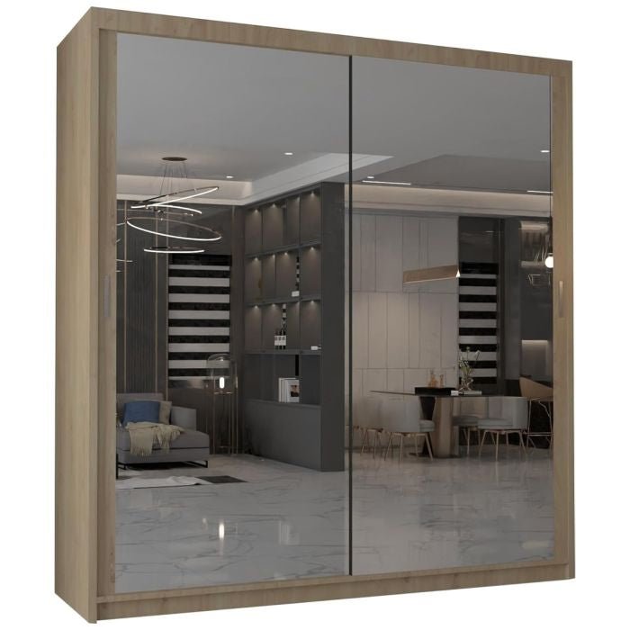 Oak finish 2-door sliding wardrobe with mirrored doors.
