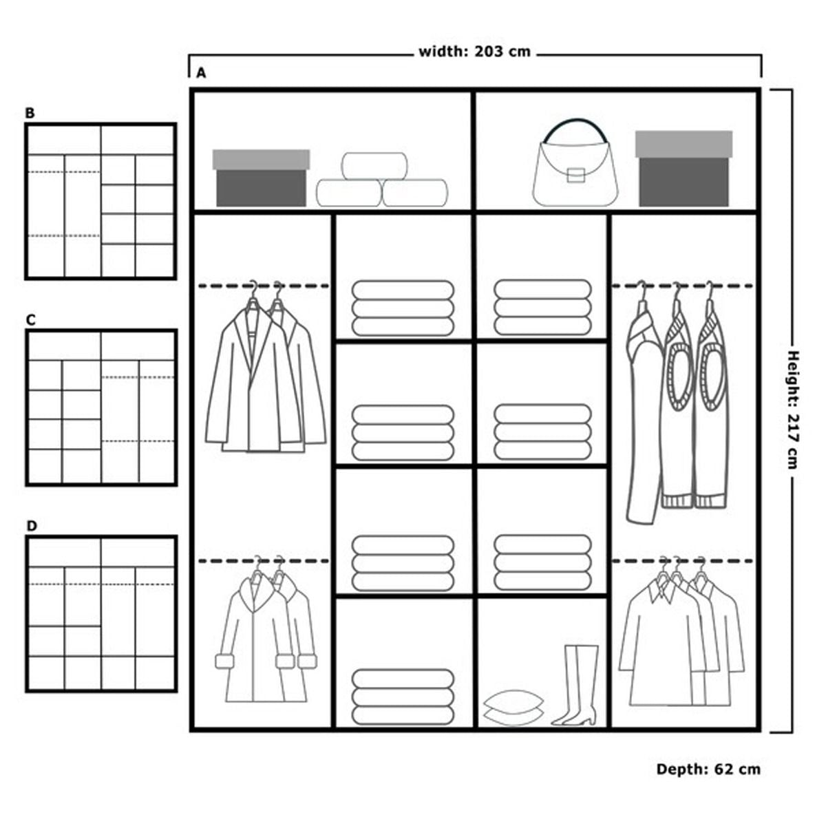 CHICAGO II 2 Door Mirrored Oak Wardrobe layout with shelves, hanging rails and storage sections.
