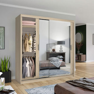 The CHICAGO II 2 Door Mirrored Wardrobe Oak - 203cm features sliding doors, mirrored panels, and organized interior space for hanging clothes, shelves, and boxes—perfect for stylish bedroom storage with a modern touch.