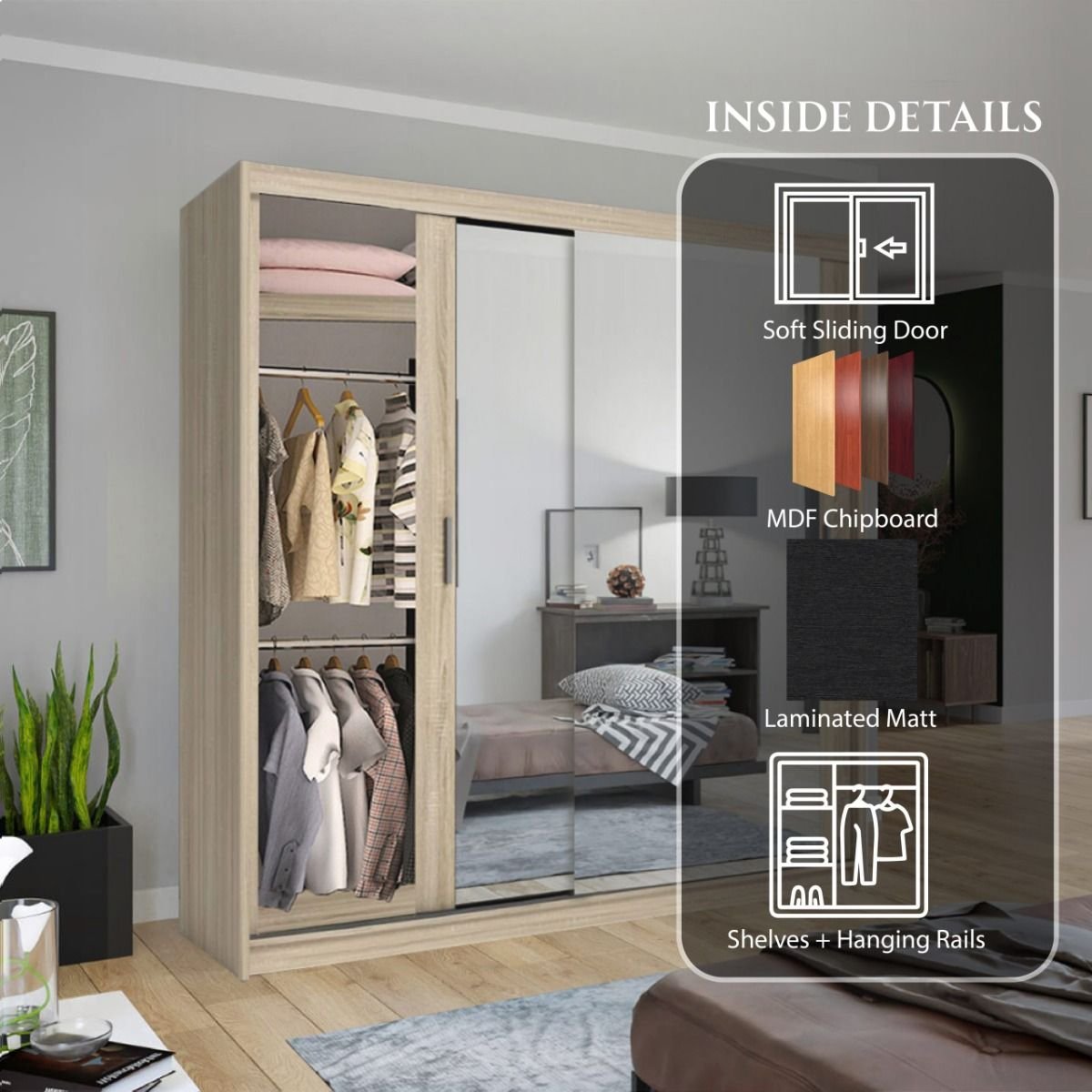 CHICAGO II 203cm oak wardrobe with mirrored sliding doors, showing internal shelves and hanging rails.