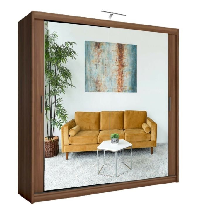 Walnut finish 2-door sliding wardrobe with mirrored doors reflecting a living space.