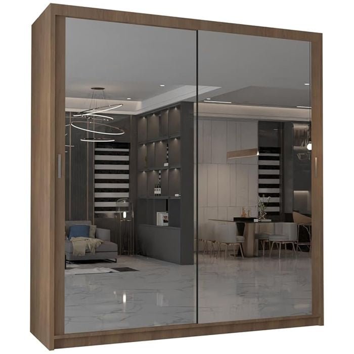 CHOICEWARDROBE CHICAGO II 203cm sliding door wardrobe, walnut finish, mirrored doors.
