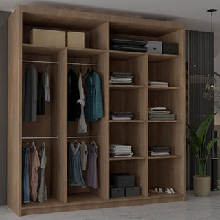 The Sliding Wardrobe - CHICAGO II 2 Door Mirrored Wardrobe Walnut - 203 stands on a marble floor beside a tall green plant, featuring open shelves and hanging space with folded clothes, boxes, and garments.