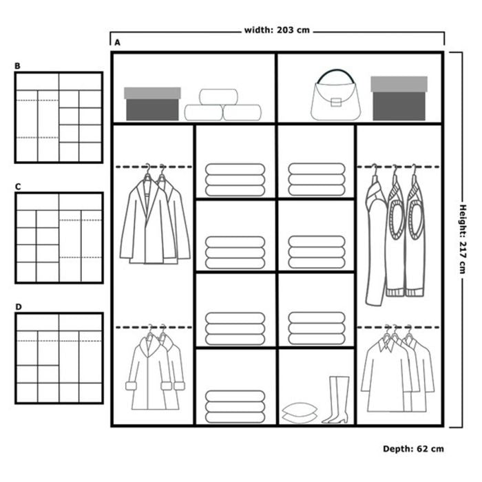 Wardrobe diagram showing 203cm width, 217cm height, 62cm depth internal storage layout.