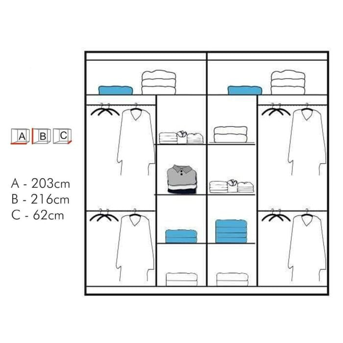 Diagram: CHOICEWARDROBE CHICAGO II 2-door sliding wardrobe, 203cm walnut finish, mirrored doors layout