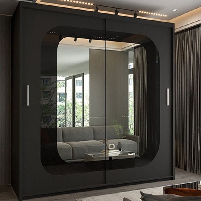 CHOICEWARDROBE Covina 150cm black 2-door sliding wardrobe with full mirrored panels.
