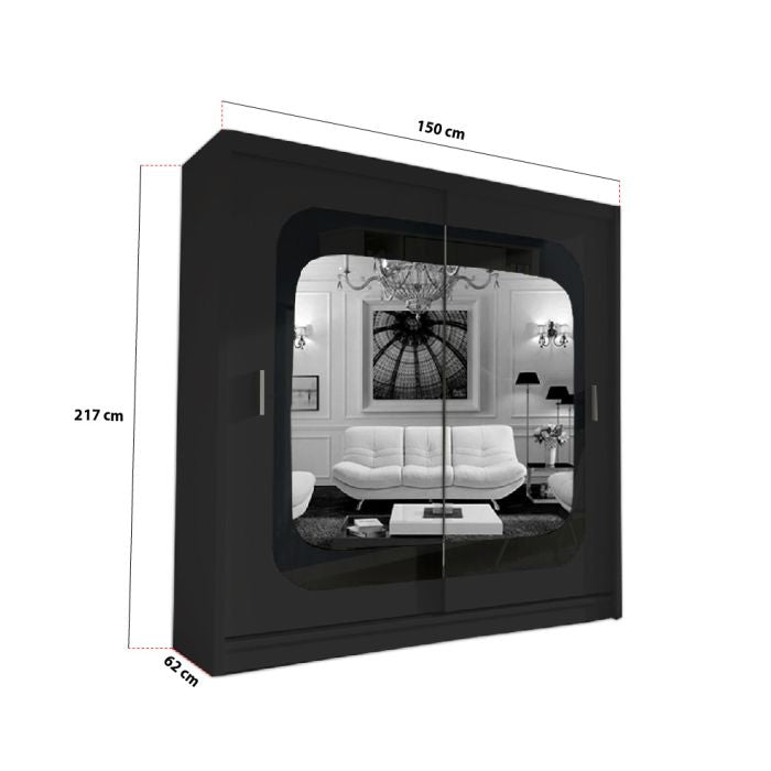 The COVINA 2 Door Mirrored Wardrobe in black measures 217x150x62 cm, ideal for bedroom storage. Its front features a printed image of a modern white living room with a chandelier and sofa.