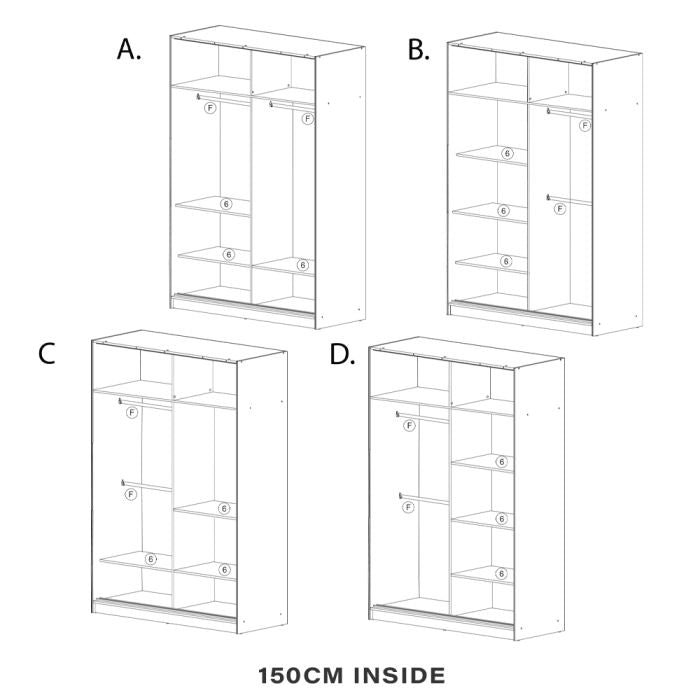 The COVINA 2 Door Mirrored Wardrobe Black (150cm) offers four interior layouts—A, B, C, and D—featuring various storage options such as shelves, compartments, and hanging rods to suit different bedroom needs.