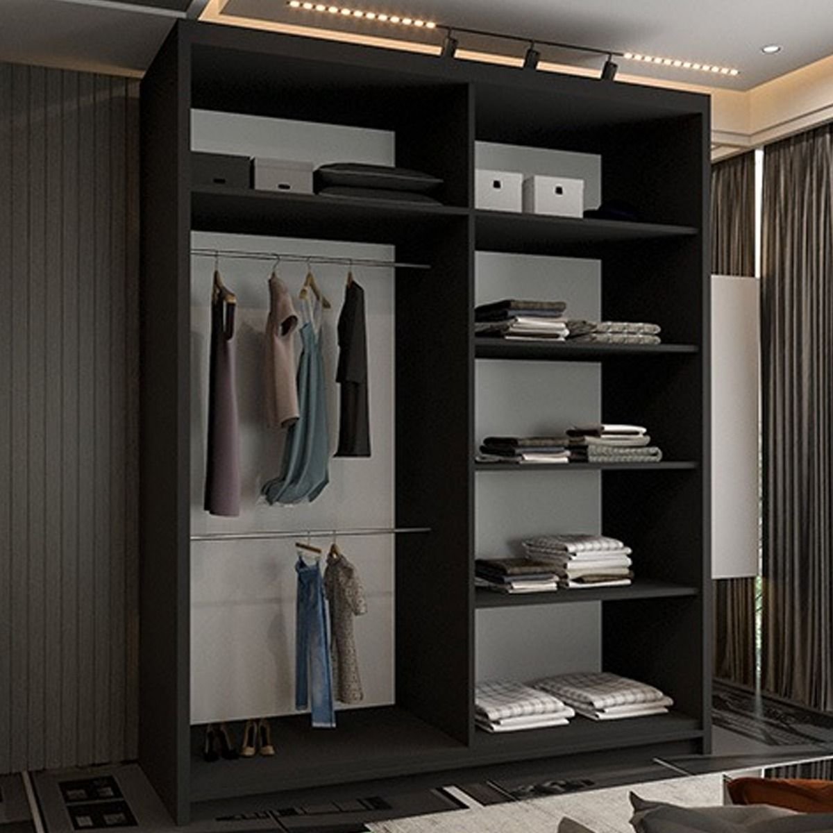 Black 2-door sliding wardrobe with mirrored doors and internal storage layout