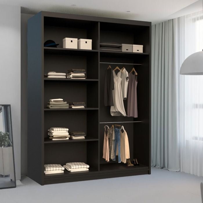 CHOICEWARDROBE Covina 150cm black sliding wardrobe with 2 doors, full-length mirrored panels and internal shelves.