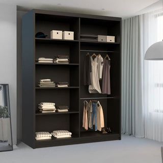 The COVINA 2 Door Mirrored Wardrobe in black (150cm) offers shelves for folded clothes and boxes, plus two hanging rods for shirts and dresses—a stylish bedroom storage solution that suits bright rooms with large windows and white curtains.