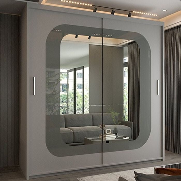 Grey finish COVINA 2 door sliding wardrobe with a large rounded mirrored door panel.
