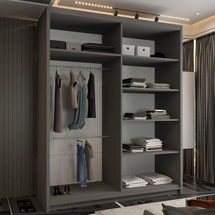 Grey 2-door sliding wardrobe with full-length mirrored panels and internal hanging rails and shelves.