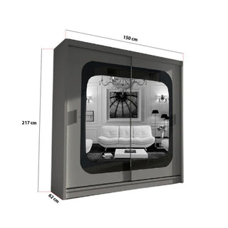The Sliding Wardrobe - COVINA 2 Door Mirrored Wardrobe Grey - 150cm features two grey mirrored doors, a large reflective panel with a black and white living room scene, and measures 150cm wide, 217cm tall, and 62cm deep—ideal for modern bedrooms.