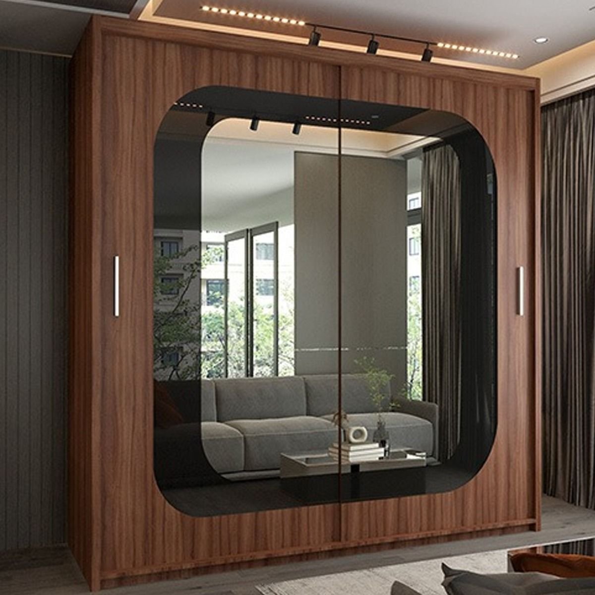 CHOICEWARDROBE Covina 150cm walnut 2-door sliding wardrobe with central mirror.