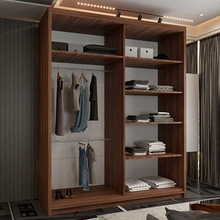 The CHOICEWARDROBE Covina 2 Door Sliding Wardrobe in a walnut finish (150cm wide) features a central mirror and offers stylish bedroom storage with hanging space on the left and shelves for folded clothes on the right.