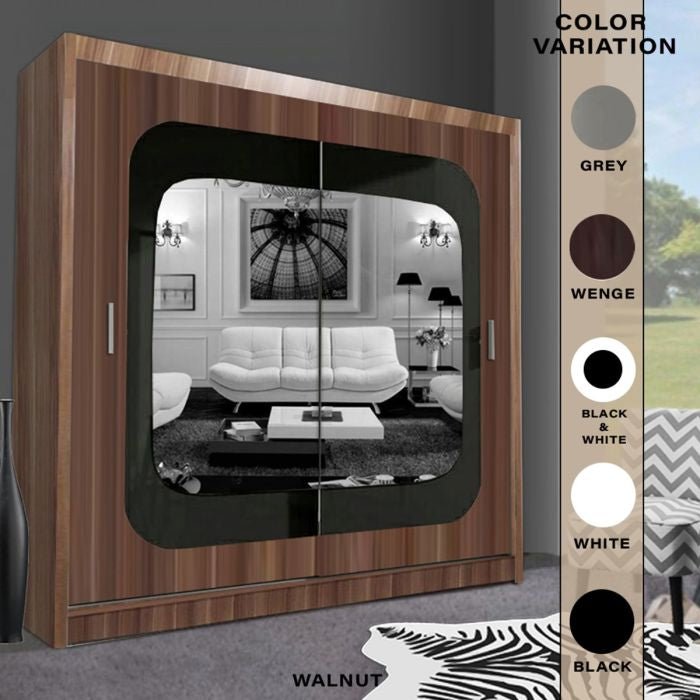 CHOICEWARDROBE Covina 150cm walnut 2-door sliding wardrobe with central mirror and colour swatches.