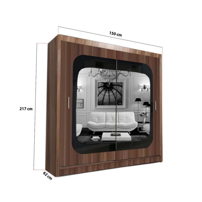 Walnut 150cm sliding door wardrobe with central mirror, 217cm H x 150cm W x 62cm D.
