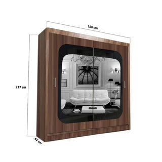 The CHOICEWARDROBE Covina 2 Door Sliding Wardrobe with Central Mirror in walnut finish is perfect for bedroom storage, measuring 217cm high, 150cm wide, and 62cm deep. Dimensions are clearly labeled above and beside the wardrobe.