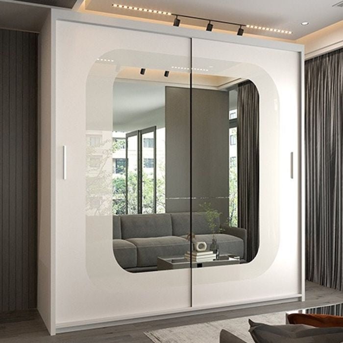 White 2-door sliding wardrobe with mirrored doors and curved detail.