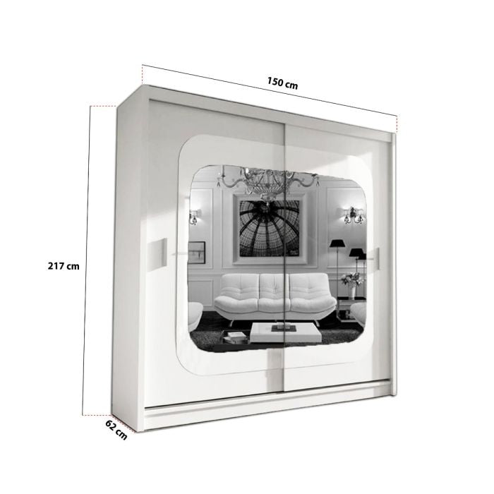 White 150cm sliding door wardrobe with mirrored doors, 217cm high, 62cm deep.