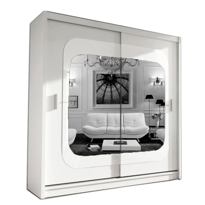 The COVINA 2 Door Mirrored Sliding Wardrobe in White (150cm) reflects a stylish living space with a white sofa and elegant decor, adding modern style and practical bedroom storage to your home.