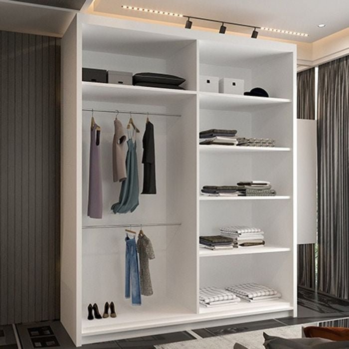 CHOICEWARDROBE COVINA 150cm white 2-door sliding wardrobe with one mirrored door and internal shelves/rails.