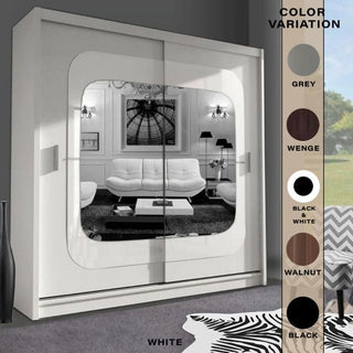 The COVINA 2 Door Mirrored Sliding Wardrobe in white (150cm) reflects a modern living space. A side panel presents color options: grey, wenge, black & white, walnut, and black—making it an ideal storage solution for bedrooms.