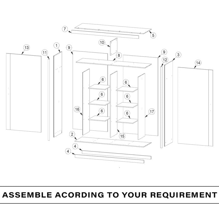 COVINA 2 Door Sliding Wardrobe White with Black Strip assembly diagram showing mirrored doors and parts