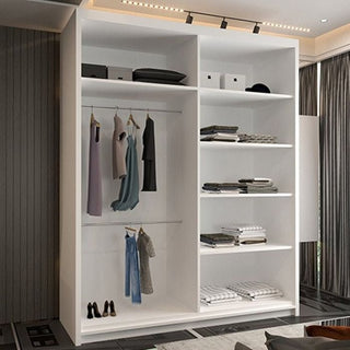 The COVINA 2 Door Mirrored Wardrobe (White with Black Strip, 150cm) features shelves for folded clothes and boxes, hanging rods for garments, and space for shoes. Its modern design brightens any bedroom as part of contemporary furniture.
