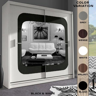 The Sliding Wardrobe - COVINA 2 Door Mirrored Wardrobe White with Black Strip (150cm) adds modern style to bedrooms with a large central mirror. Five color options appear on the right, while its reflection shows a living room with a white sofa and black lamps.