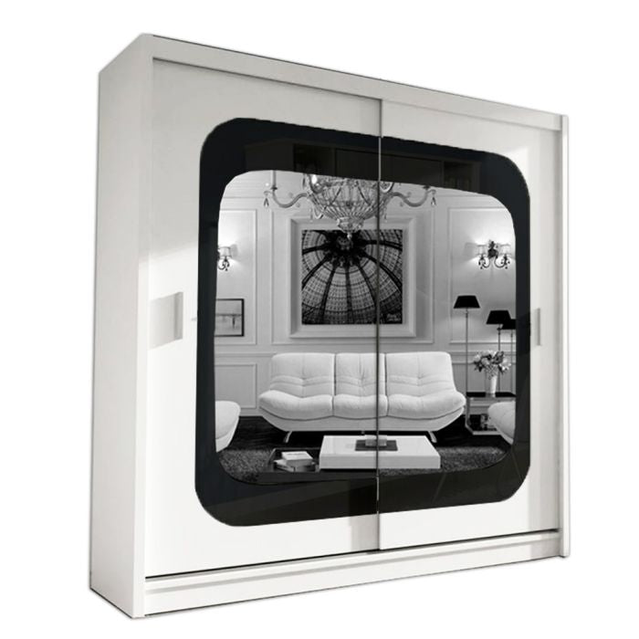 CHOICEWARDROBE COVINA 2 Door sliding wardrobe 150cm white with black strip mirrored doors.