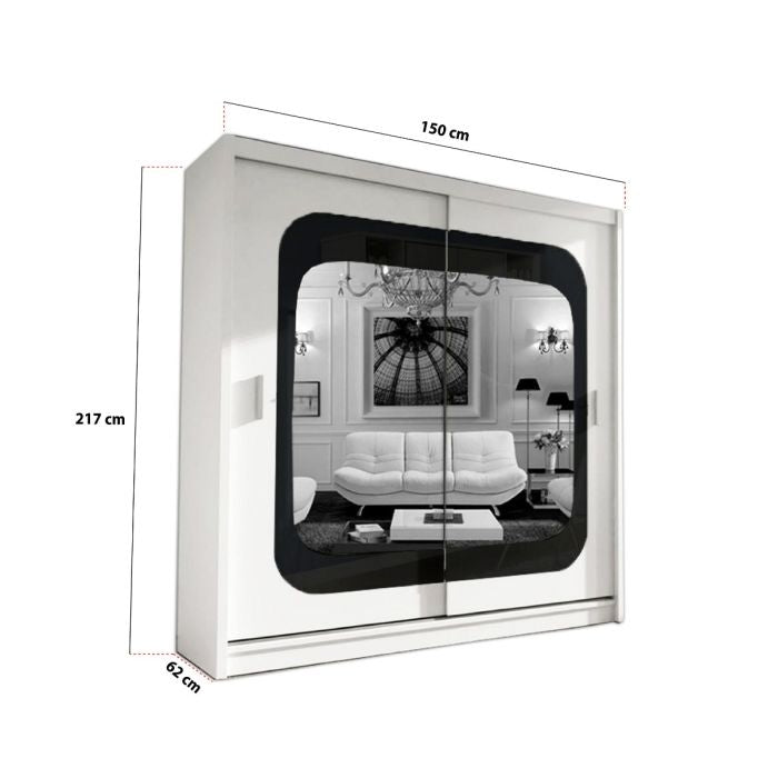 2 door white sliding wardrobe with black strip mirrored doors, 150cm wide