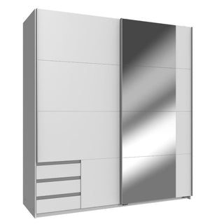 The EMANU 2 Door Mirrored Wardrobe in white (179cm) features sleek sliding doors, a large mirrored panel, and four integrated left-side drawers—delivering modern, minimal storage that enhances any bedroom’s contemporary look.