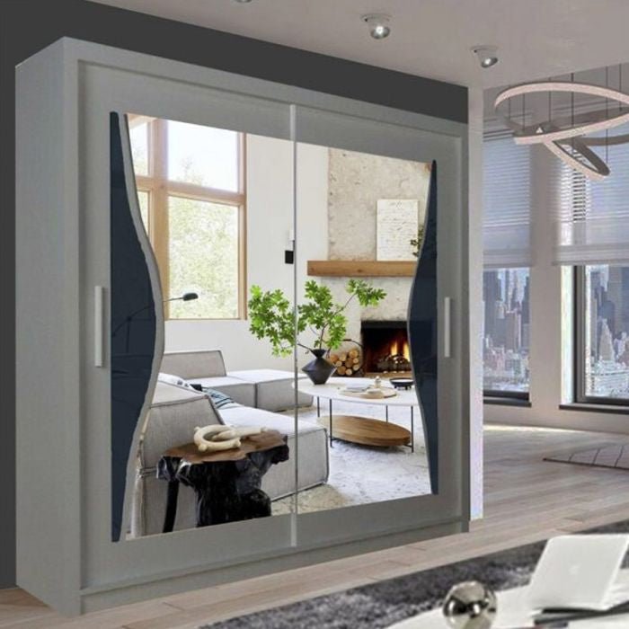 CHOICEWARDROBE Heffner 120cm grey sliding door wardrobe with mirrored panels reflecting a living room.