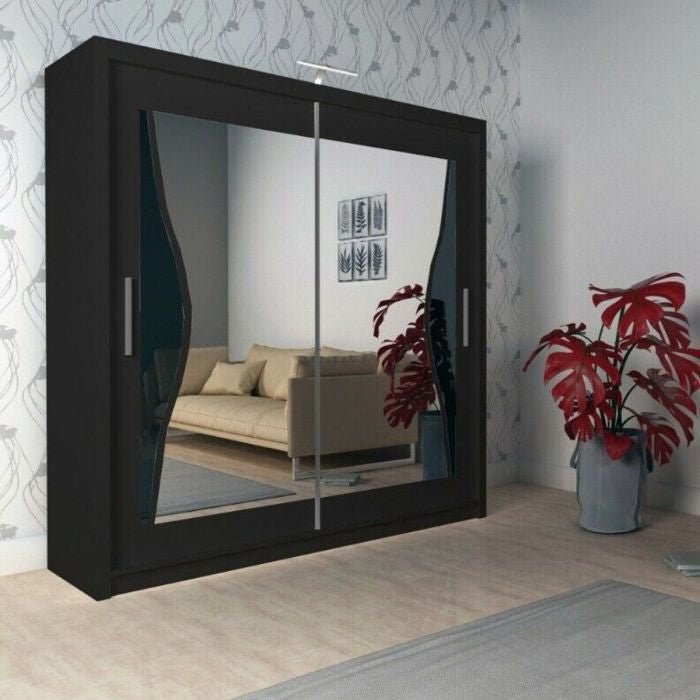 Black 180cm sliding door wardrobe with curved mirrored doors